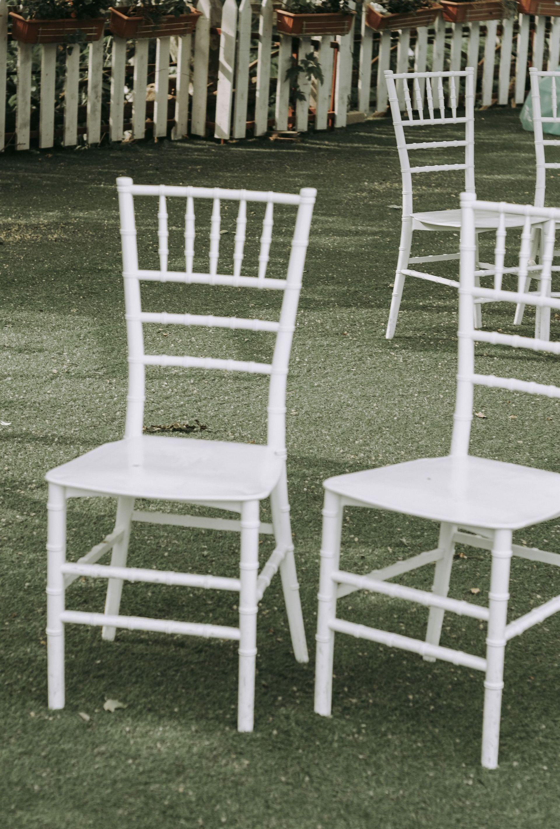 White Chiavari chairs arranged on a manicured lawn, perfect for outdoor events.